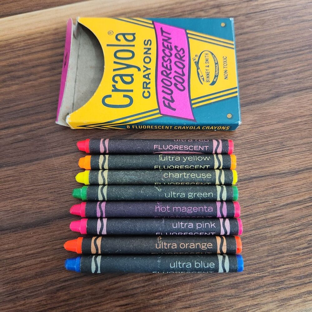 Crayola Fluorescent Crayons Vintage Box of 8 Barely Used